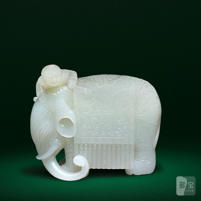 清乾隆/嘉慶 青玉雕童子騎象擺件 | A WHITE-PALE GREEN JADE CARVING OF AN ELEPHANT AND BOY